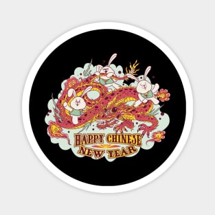 three cartoon bunnies riding on a Chinese dragon, and the title Happy Chinese new year Magnet